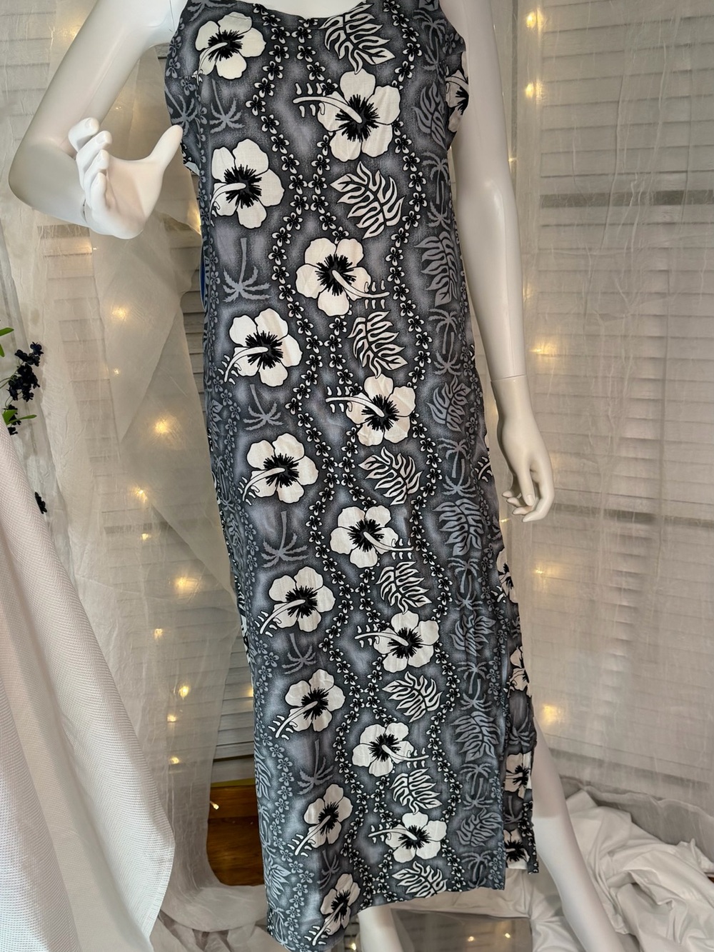 Clear Blue Sky Grey, Black & White Floral Maxi Dress - Sleek Tropical Slip